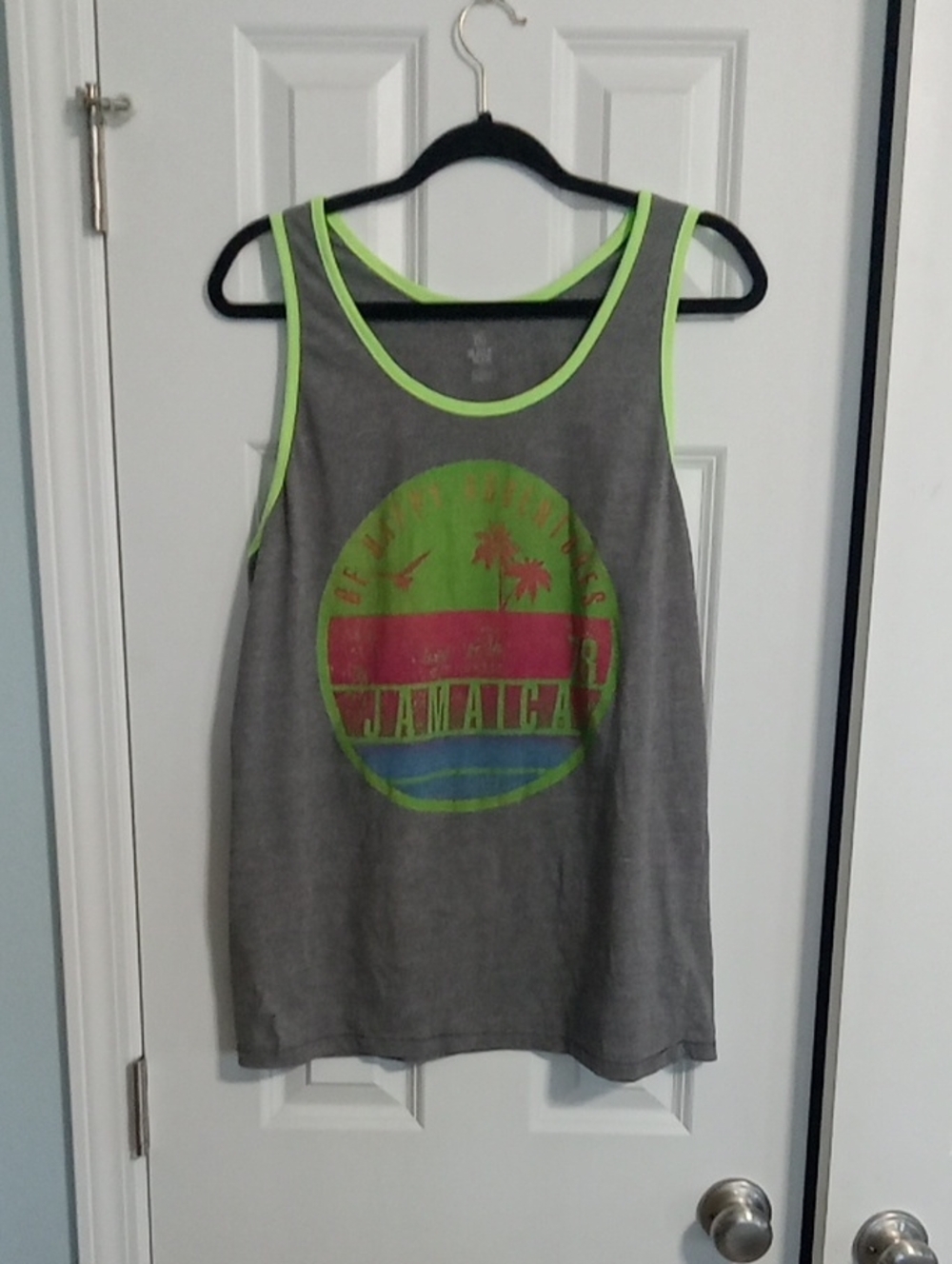 Gray Tank Top with Neon Green Trim and Jamaica Graphic